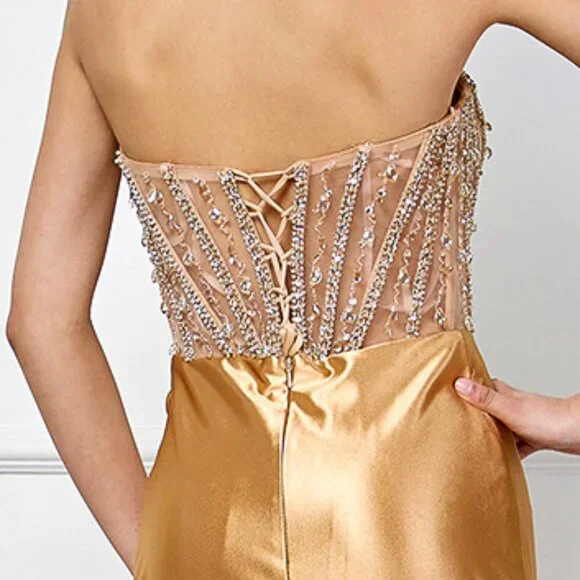 New Prom Strapless Sheath Rhinestones Embellished Sheer Dress w/ Leg Slit 4049